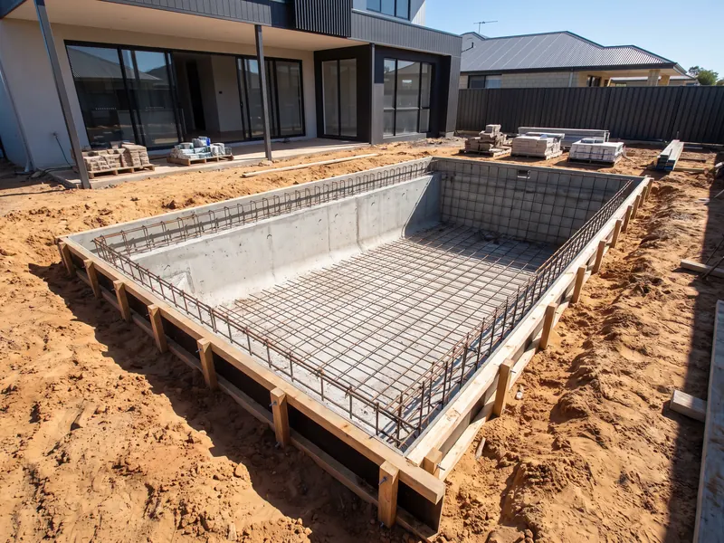 New concrete swimming pool under construction in a Perth backyard