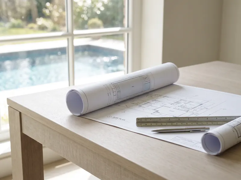Swimming pool plans and site drawings on a table